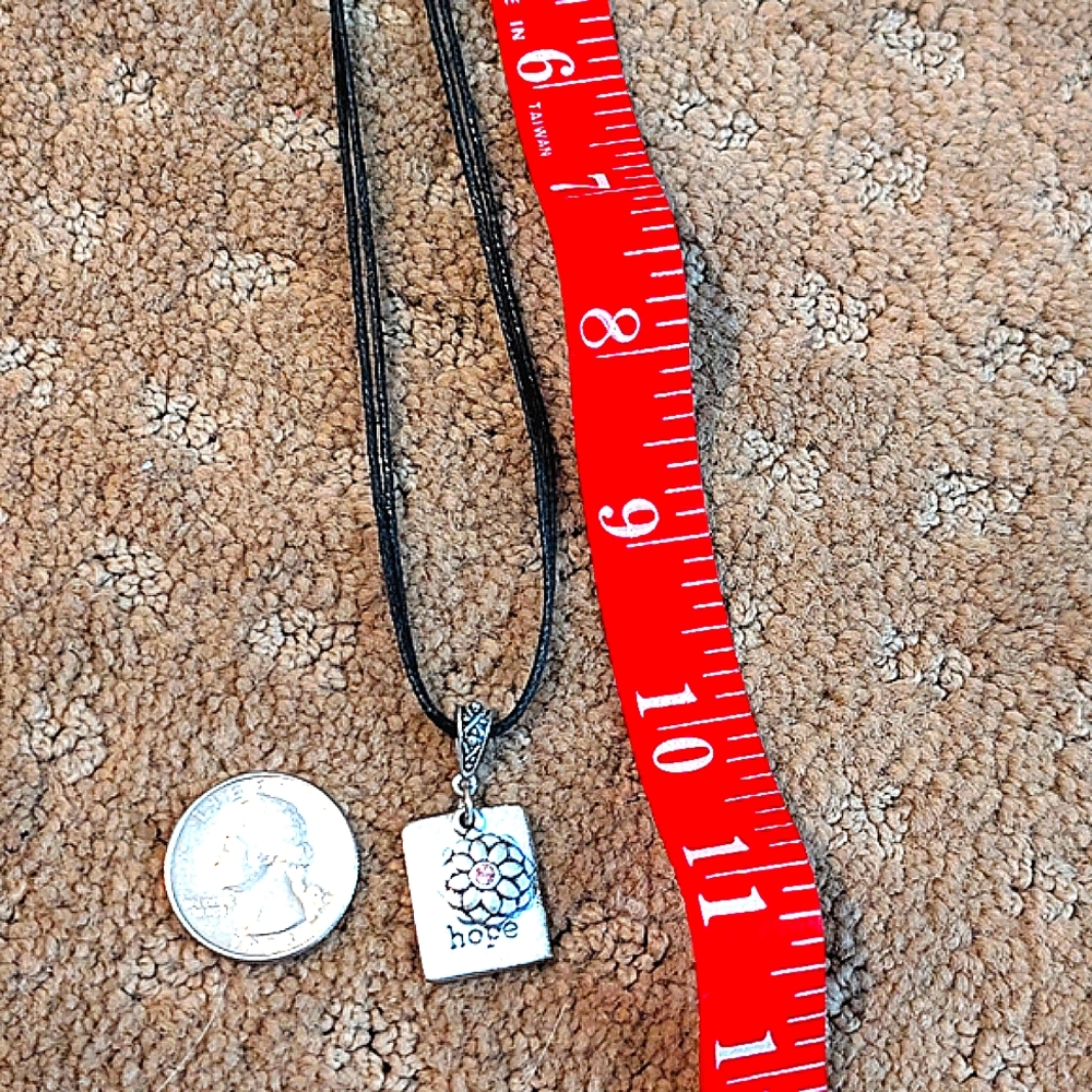 Matte Silver Tone Hope Pendant Necklace with Brown Cord